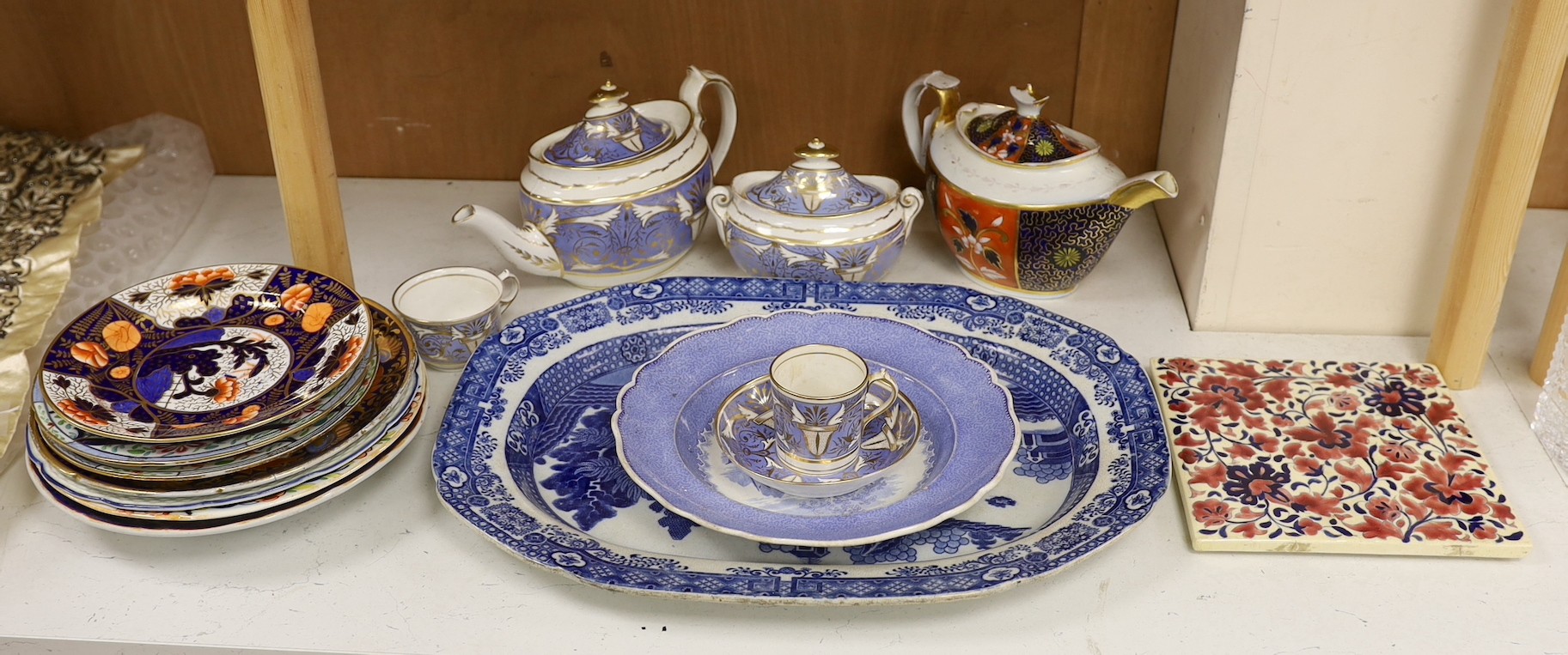 A quantity of late 18th and early 19th century English ceramics including a Spode teapot and a large Austro-Hungarian ceramic tile